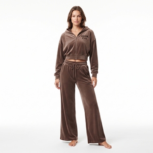 Custom Women Velvet Tracksuit Long Sleeve Crop Zip Hoodie <b>Wide</b> <b>Leg</b> Drawstring High Waist Flared <b>Jogger</b> Breathable Casual Wear - Product Image 6