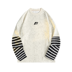 Sudadera Personalizada OEM para Hombre, Oversize, Gris Oscuro Lavado, Efecto Dos Piezas, Rayas, Manga Larga, Patchwork, Hombros Caídos, Unisex, Estilo Hip Hop - Product Image 2