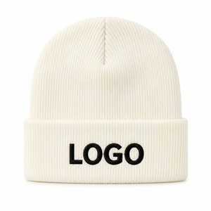 Unisex Cream Beanie Hat With Black Embroidered Logo Casual <b>Winter</b> <b>Cap</b> 100% Acrylic Adult Size 56-58CM - Product Image 1