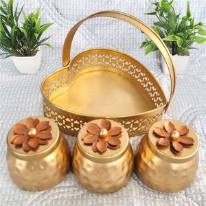 Gold Metal Dry Fruit <b>Jar</b> Set With Heart Shaped Serving Basket Luxury Decorative Container <b>For</b> <b>Kitchen</b> Tableware <b>Storage</b> <b>Jars</b> - Product Image 1