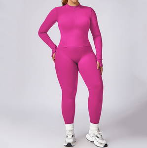 Plus Size Women Turtleneck Yoga Set Long Sleeve <b>Zipper</b> <b>Top</b> High Waist Leggings Solid Pink Activewear Workout Outfit 2-Piece - Product Image 1