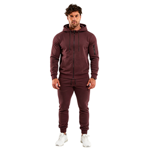 Survêtement d'hiver pour homme en coton respirant de qualité supérieure, couleur bordeaux, avec sweat à capuche zippé intégral et pantalon de jogging à poches et revers. - Product Image 1
