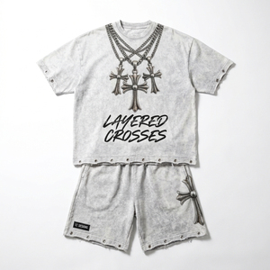 Conjunto de Camisetas para Hombre con Cruzes en Capas, Cuello Redondo, Algodón Tejido, Estilo Urbano, Diseño Estampado Gris de Verano - Product Image 1
