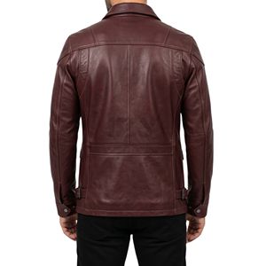 Veste en cuir bordeaux pour homme, marron foncé, classique, respirante, col classique, grandes poches plaquées sur la poitrine, fermeture éclair. - Product Image 2