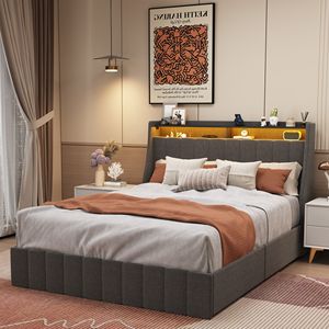 Queen Size Bed <b>Frame</b> with LED & 4 Underbed Storage Drawers Dark <b>Grey</b> Wings Headboard Design Up-Holstered Beds - Product Image 1