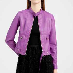 Nueva Chaqueta de Cuero Morada Acolchada de Moda para Mujer, Estilo Biker Corto, Tejido de Tela, Tallas Grandes - Product Image 1
