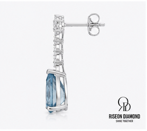 18K White Gold Sky <b>Blue</b> Gemstone Drop <b>Earrings</b> Pear Shape Diamond <b>Studded</b> Floral Top Bridal Wedding Luxury Fashion Jewelry - Product Image 4