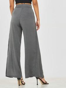 Pantalones de Cintura Alta y Pierna Ancha con Cierre de Lazo, Color Gris Sólido, Corte Holgado, Largos, Casuales, para Mujer, Estilo Primavera - Product Image 2