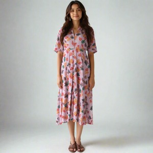 Casual Lady Midi <b>Dress</b> Butterfly Print Cotton Collar Cutout Decoration XS Size Breathable Knee-Length Dropped Natural for Day - Product Image 3