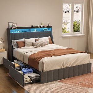 Queen Size Bed <b>Frame</b> with LED & 4 Underbed Storage Drawers Dark <b>Grey</b> Wings Headboard Design Up-Holstered Beds - Product Image 2