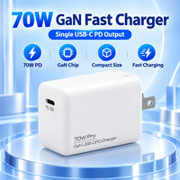 Chargeur mural compact pliable 70W GaN USB-C PD à charge rapide pour ordinateur portable, tablette et téléphone