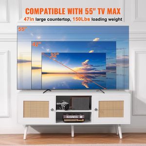 Mueble de TV Moderno de Mediados de Siglo, Mueble de TV Boho con Estantes Ajustables, Consola de TV de Ratán, Apto para TV de 55 Pulgadas, Estilo Madera, Livi - Product Image 3