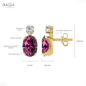 Handmade 14k Solid Gold Natural 7x5mm Oval Cut Rhodolite <b>Garnet</b> & Diamond Accent <b>Earrings</b> Wholesale Supplier From India - Product Image 5