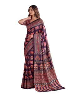 Purple Digital Print Ajrak <b>Saree</b> With <b>Red</b> Motifs For Women Traditional Indian Wedding Wear Silk Floor Length Sari - Product Image 3