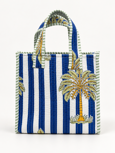 Sac fourre-tout matelassé en coton pour femme Veer Handicrafts QB-002, imprimé palmiers tropicaux rayés bleus, poignées vertes, fermeture éclair, plage - Product Image 3