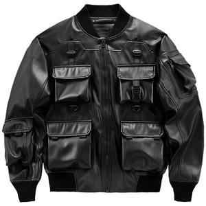 Chaqueta Bomber Casual Impermeable de Cuero PU Negro para Hombre, Estilo Motero, Cierre de Cremallera, Cuello Alto, Múltiples Bolsillos, Corte Regular - Product Image 1