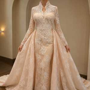 Chantilly Lace <b>Wedding</b> <b>Dress</b> Long <b>Sleeve</b> High Neck Bridal Gown <b>Detachable</b> Overskirt Couture Evening Formalwear - Product Image 3