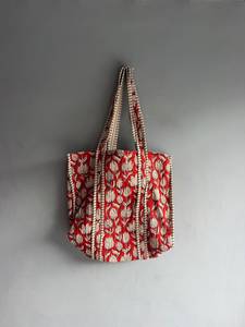 Bolsa de Mano de Algodón Estilo Bohemio con Estampado Floral Rojo, Asas a Rayas, Parte Superior Abierta, Bolsa de Compras, REGALO PARA ELLA - Product Image 1