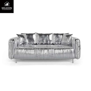 Sofá Seccional de Cuero Genuino de Alta Gama, Estilo Moderno y Lujoso, Muebles de Sala de Estar y Sofá de Metal Plateado para Villa - Product Image 3