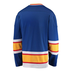 เสื้อฮอกกี้น้ำแข็งผู้ชายแบบสั่งทำพิเศษ (OEM) สีน้ำเงิน คอวี แขนยาว ลายทาง พิมพ์ลายสกรีน ผลิตจากโพลีเอสเตอร์ - Product Image 3