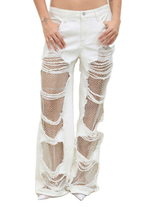 Rhinestone <b>Mesh</b> Patchwork Wide Leg Casual Solid Jeans Women Mid Waist Baggy Denim <b>Pants</b> Light Wash - Product Image 2