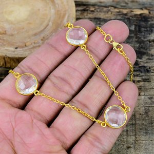 Natural Clear Quartz Round Shape Charm Gemstone <b>Chain</b> Necklace 18k Gold Micron Over 925 Sterling Silver - Product Image 4