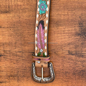 New Western Stylish Real Genuine Hand Tooled <b>Leather</b> Floral Paint Designer <b>Belts</b> High Quality Handmade <b>Leather</b> Unisex Waist <b>Belt</b> - Product Image 4