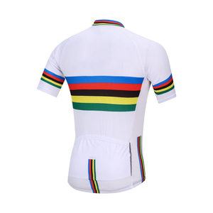 Camiseta de Ciclismo Blanca para Hombre, Manga Corta, Rayas Arcoíris, Cuello Alto, Cierre Frontal, Poliéster Transpirable, Ajustada, para Verano - Product Image 2