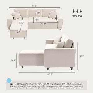 Divano Angolare a L in Tessuto Corduroy Bianco Crema, Due Posti con Chaise Longue Reversibile e Design Angolare con Molle Insacchettate - Product Image 3