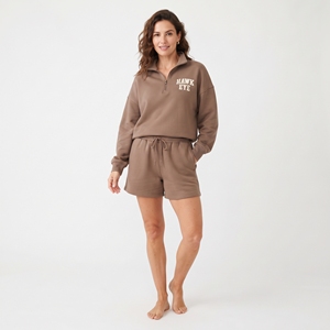 Custom Printed Logo <b>Women</b> Quarter Zip Set 100% Cotton <b>Fleece</b> Drop Shoulder <b>Top</b> Matching Drawstring Shorts Latest Fashion - Product Image 5