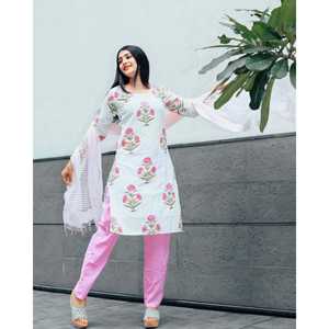 Conjunto de Traje de Gasa Rosa con Estampado a Mano, Talla XS, Blusa de Manga Tres Cuartos - Product Image 2