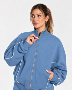 <b>Women's</b> Contrastline Full Zip Tracksuit Two Piece Casual Outfit Relaxed <b>Jacket</b> And Wide Leg Pants Matching Apparel Set Style - Product Image 3