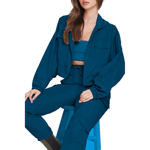 Custom Unisex Casual Solid 2-Piece Tracksuit Nylon/Polyester Windbreaker Crop Top Jacket and <b>Pants</b> Wholesale Set - Product Image 3