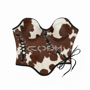 Corsé de cuero con pelo de vaca, tipo overbust, con cordones, top corsé de cuero genuino con pelo. - Product Image 3