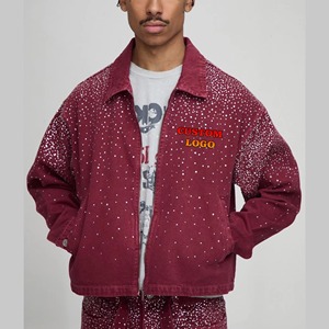 Men's Maroon Denim <b>Jacket</b> With <b>Sequined</b> Dot Pattern Loose Fit Zipper Closure Casual Style Autumn Wear - Product Image 1