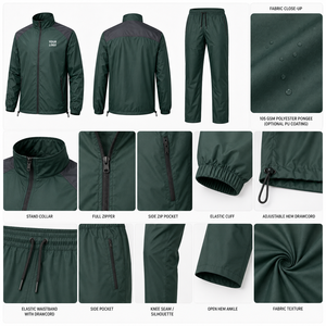 Chándal Deportivo para Hombre, Color Verde Oscuro, Chaqueta con Cierre Completo, Bolsillos Laterales, Pantalones con Cordón, Diseño Deportivo Ligero, Resistente al Viento, de Poliéster - Product Image 5