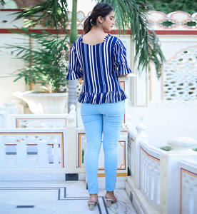 Womens Blue <b>Rayon</b> Stripe Printed Regular Fit Ruffle Sleeve Top With V Neck Design Created For Global Casual Summer Wear - Product Image 4