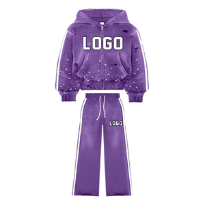 Ensemble deux pièces hiver en molleton 100% coton, respirant, séchage rapide, écoresponsable, style streetwear, avec sweat à capuche entièrement zippé et pantalon évasé - Product Image 1