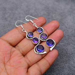 Nikhil Gems Amethyst Gemstone Drop <b>Earrings</b> Handmade Platinum Plated 925 Sterling Silver Peace Shape Trendy Wedding Jewelry - Product Image 1