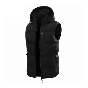 Gilet matelassé sans manches pour homme en laine noire écologique avec capuche, fermeture éclair frontale, décontracté, épais et chaud, coupe classique - Product Image 1