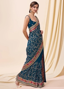 Sari de Mezcla de Seda Bordado Estilo Bollywood KV (Azul) - Product Image 2