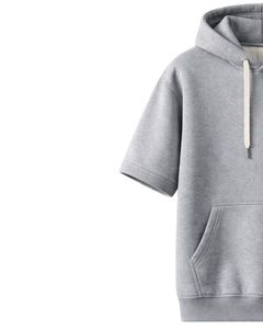 Customized Men Grey <b>Short</b> <b>Sleeve</b> Hoodie Pullover Cotton Fleece Casual Streetwear Kangaroo Pocket Lightweight Summer <b>Sweatshirt</b> - Product Image 2