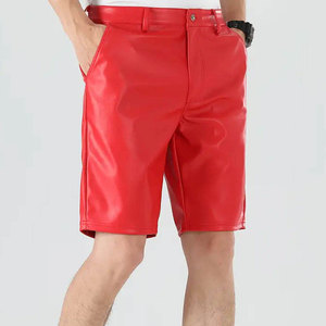 <b>Men</b> Red PU Coated Bermuda <b>Shorts</b> Button Fly Mid Waist Casual Solid Color With Pockets Breathable <b>Woven</b> Fabric - Product Image 2