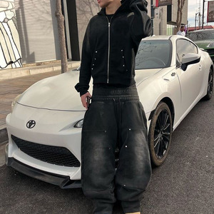 Vintage Style Men's Two-Piece Set Baggy Oversized Acid Wash <b>Jacket</b> with Gems <b>Rhinestones</b> & Hoodie Sweatpants Printed Pattern - Product Image 5
