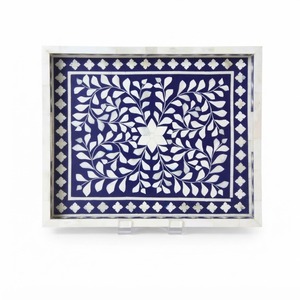 Bandeja octogonal con incrustaciones de hueso, diseño floral en blanco y negro, bandeja decorativa para servir, bandeja premium para mesa de centro otomana en venta - Product Image 5
