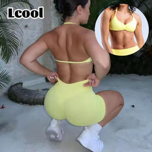 Lcool Men's 100% Cotton Gothic <b>Compression</b> Stretchy Halter Neck Scrunch Back Seamless <b>Shorts</b> Bra Set Sports Wear Gym Fitness - Product Image 4