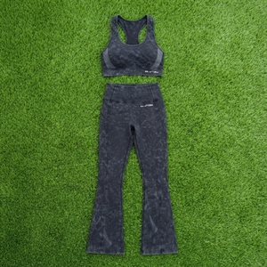Women Black Acid Wash Yoga Set Racerback <b>Crop</b> Sports Bra High Waist Flare <b>Leggings</b> Gym Fitness Workout Activewear - Product Image 5