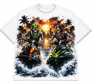 T-shirt en coton imprimé avec graphisme personnalisé en strass, style vintage, manches courtes, effet délavé, unisexe - Product Image 1