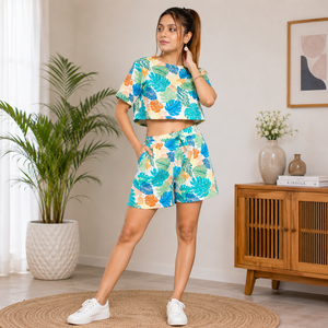 Conjunto de 2 Piezas con Estampado de Hojas Tropicales para Mujer, Top Corto de Manga Corta y Pantalones Cortos por Encima de la Rodilla, Corte Holgado Informal para Primavera/Verano - Product Image 3