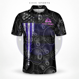 Polo de billard personnalisé pour homme CIVIC SPORTS, manches courtes, imprimé design 8-ball, respirant, polyester, style sportif - Product Image 3